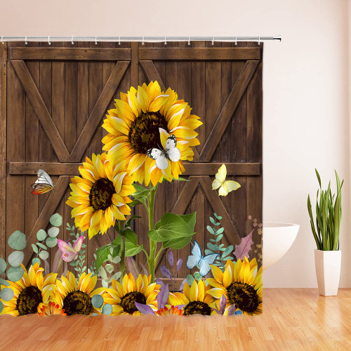Rustic Sunflower Shower Curtain Country Retro Farmhouse Yellow Flower Butterfly on Wooden Board Plank Barn Door Vintage Floral Botanical Plant Fabric Bathroom Curtain Set with Hook 70x70 INCH