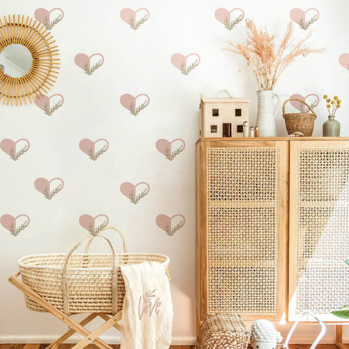 ZWEBY 72 PCS Boho Wall Decals Peel and Stick, Muted Boho Pink Hearts Wall Stickers, Pastel Hearts Wall Art Stickers for Kids Room Bedroom Playroom Nursery Room, 2.76" x 1.97"
