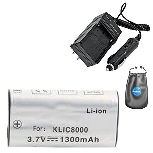 Amsahr S-KLIC8000 Digital Replacement Battery Plus Travel Charger for Kodak KLIC-8000, Z612 - Includes Lens Accessories Pouch (Gray)