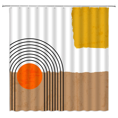JZSTONE Mid Century Modern Shower Curtain Boho Abstract Art Painting Geometric Arch Curve Sun Terracotta Orange Minimalist Bath Curtain with Hook