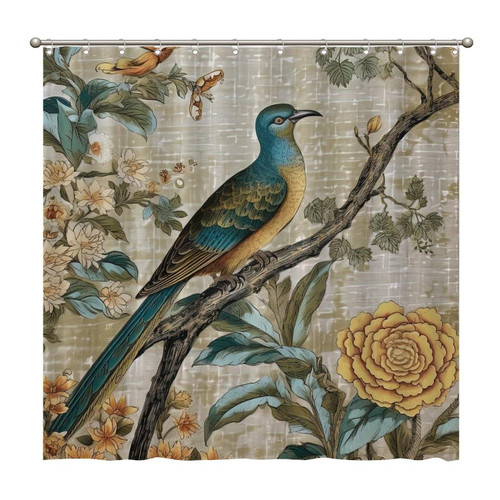 72x72 Inch Shower Curtains Yellow Grey Chinoiserie Floral and Bird Waterproof Fabric Shower Curtain Polyester Fabric with Hooks, Bathroom Curtain Decor, Shower Curtain Sets Machine Washable