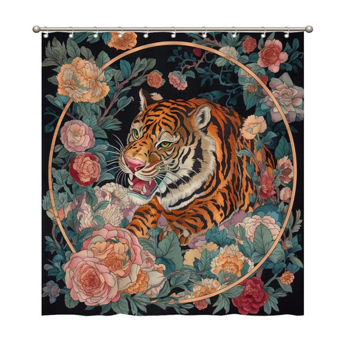 Shower Curtain Tiger and Chinoiserie Colorful Floral Fabric Shower Curtain Liner Waterproof Bathtubs Decor with Hooks for Bathroom Decoration Bathroom Curtains 66x72 Inch