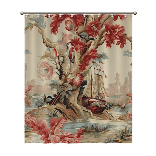Shower Curtain Chinoiserie Red Floral Bird Fabric Shower Curtain Liner Waterproof Bathtubs Decor with Hooks for Bathroom Decoration Bathroom Curtains 60x72 Inch