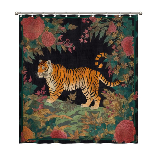 Bathroom Shower Curtains with Hooks 66x72 Inch,Tiger and Chinoiserie Colorful Floral Shower Curtain Waterproof Fabric Bath Shower Curtain for Bathroom Bathtubs Decoration