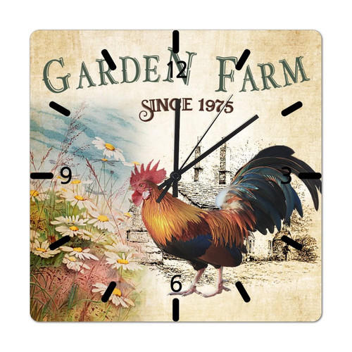 Wood Wall Clock 10in Garden Farm Since 1975 Wooden Clock Silent Sweep Movement Battery Operated Clock Vintage Rooster Decor Clocks Chic Daisy Painting Rustic Wall Clock for Half Bath Shop Farmhouse