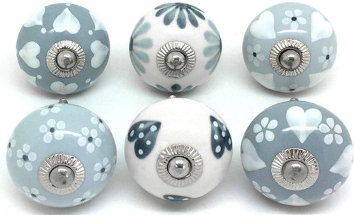 Indian Accent Knobs Grey & White Cream Rare Hand Painted Ceramic Knobs Cabinet Drawer Pull Pulls (6 Knobs)