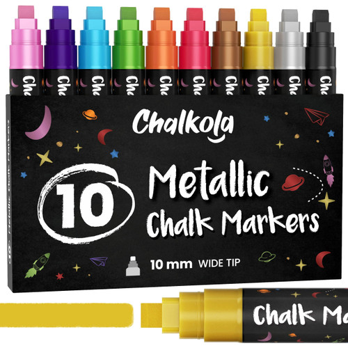 10mm Metallic Chalk Markers (10 Pack) Liquid Chalk Pens - For Blackboards, Chalkboard, Bistro Menu, Window - Wet Wipe Erasable Car Window Markers - 10mm 3-in-1 Wide Nib