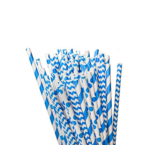 Biodegradable Colored Paper Straws, Striped, Chevron, Polka Dot, 7.75-Inch - Blue (96 Count)