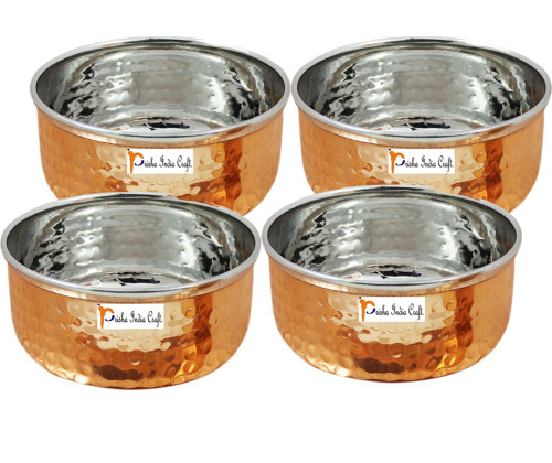 Set of 4 - Prisha India Craft Handmade Steel Copper Serving Bowl , Hammered Dinner Bowl Serving Katoris - Dia 3.5" x Height 1.5" , Copper Dinnerware Accessories