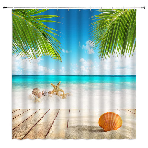 Beach Shower Curtain Seashell Starfish Ocean Coastal Tropical Palm Leaves Blue Sea Conch Hawaiian Seaside Summer Bathroom Curtain