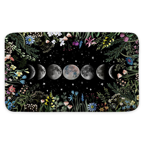 Moon Phase Bath Mat Black White Flower Herbs Batanical Moonlit Garden Galaxy Celestial Chic Fantasy Nature Art Bathroom Rugs,Boho Floral Butterfly Kitchen Toilet Floor Decor Rug 16X24 in