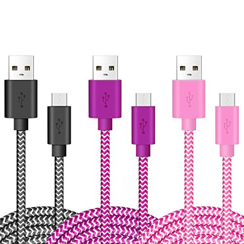 OKRAY 3 Pack 6ft/2m High Speed Micro-USB to USB 2.0 Data Cable Nylon Braided Charging Cord Charger Cable for Android, Samsung Galaxy, HTC, Google Nexus, LG, Sony, Nokia, Motorola(Black Purple Pink)