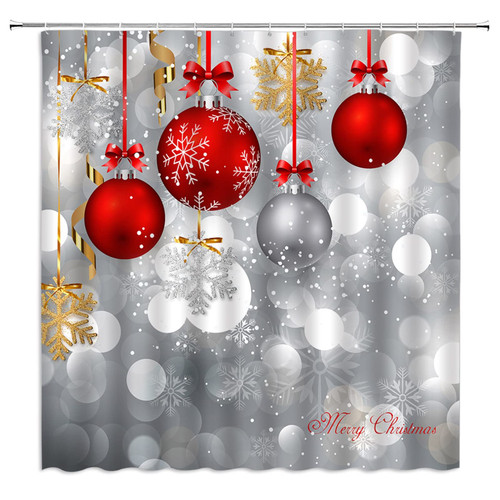 Merry Christmas Shower Curtain Xmas Red Christmas Ball Silver Background Snowflake Winter Holiday Happy New Year Fabric Bathroom Decor Set with Hooks(70" WX70 H)