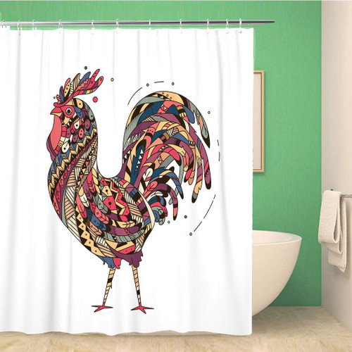 Awowee Bathroom Shower Curtain Rooster Inspired Zentangle Symbol of to Sketch Tattoo Tribal Polyester Fabric 66x72 inches Waterproof Bath Curtain Set with Hooks