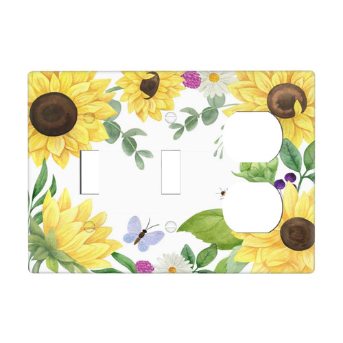 Sunflower 2 Toggle/1 Duplex Outlet Light Switch Cover Decorative 3 Gang Wall Plate Triple Switch Plates Kitchen Bedroom Bathroom Decor