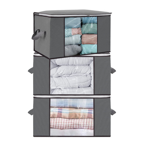 MecTo 3 Pack Clothes Storage Bag Large Capacity Under Bed Storage Organizer with Reinforced Handle Foldable Thick Fabric Storage Containers for Comforters, Blankets, Bedding (90L, Grey)