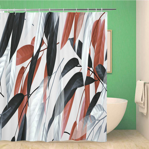rouihot 66x72 Inches Shower Curtain Set with Hooks Pattern Black Red and White Long Leaves on Light Grey Summer Beach Home Decor Waterproof Polyester Fabric Bathroom Curtains