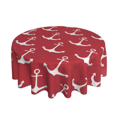 Round Tablecloth White-Nautical-Anchor-Red-Area 60 Inch Polyester Table Cloth Table Cover for Dining Table,Parties,Camping