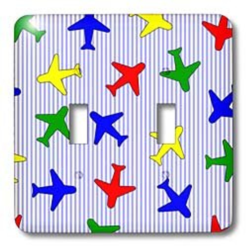 3dRose LLC lsp_25434_2 Cute Plane Print Primary Colors Blue Stripe Background Double Toggle Switch