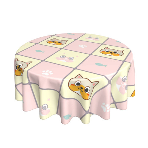 Round Tablecloth Kitty-Fish-Cat-Paw-Print 60 Inch Polyester Table Cloth Table Cover for Dining Table,Parties,Camping
