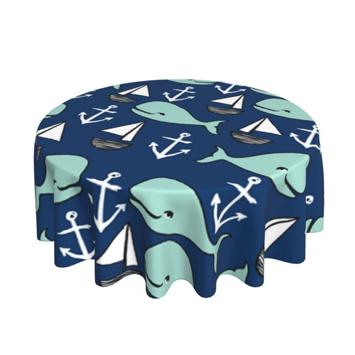 Round Tablecloth Nautical-Whale-Fish-Wheel-Anchor 60 Inch Polyester Table Cloth Table Cover for Dining Table,Parties,Camping