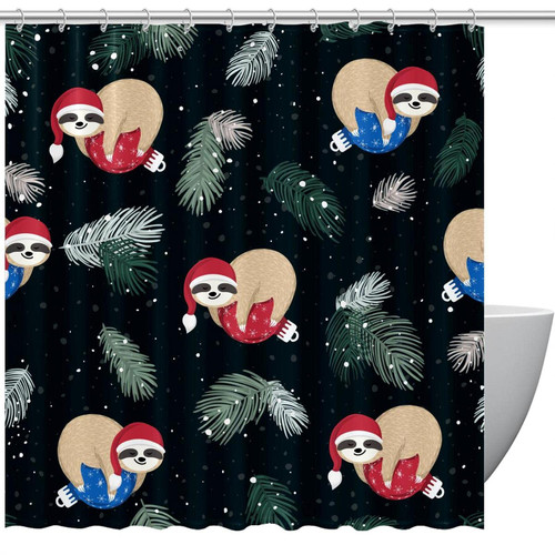 Sloth Christmas Shower Curtains for Bathroom - Odorless Curtain for Bathroom Showers and Bathtubs, 72 x 72, 12 Hooks Included