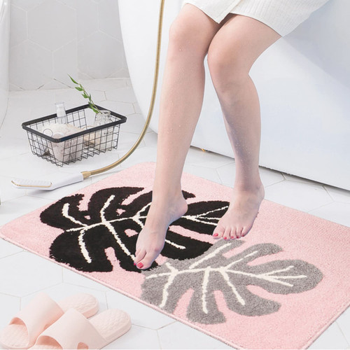 Bath Mats for Bathroom, Soft Microfiber Tropical Leaves Bathroom Rug, Water Absorbent Non-Slip Leaf Rug Bath Mat for Doormats Bathtub Shower Bedroom Decor Rug Carpet 20 x 31.5 Inch (Pink)