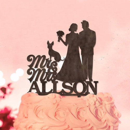 Mr And Mrs Wedding Cake Toppers Silhouette Customize Name Date With Pet Dog Cat Country Mr & Mrs Silhouette Cake Toppers For Engagement Bride to Be Party Decor Engagement Gifts For Couple Natural Wood
