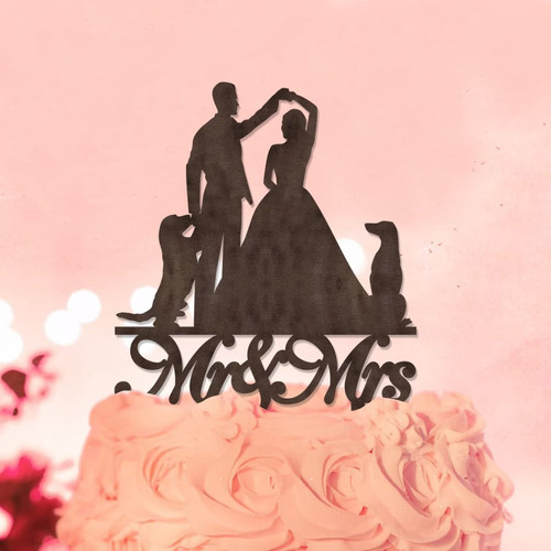 Custom Name Date Mr & Mrs Wedding Cake Toppers Natural Wood Silhouette With Pet Dog Cat Mr & Mrs Silhouette Funny Cake Toppers For Wedding Engagement Cake Decorations Engagement Gifts For Couple