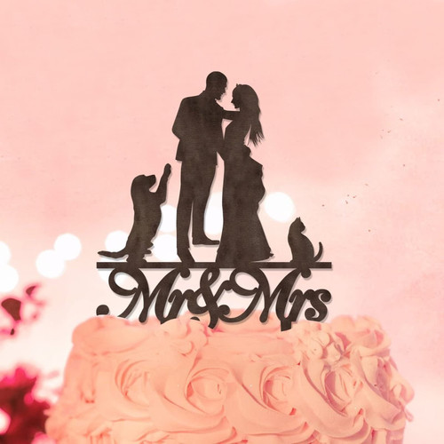 Beach Mr & Mrs Cake Toppers Silhouette With Pet Dog Cat Bride And Groom Cake Toppers Custom Surname Wedding Date For Engagement Bride to Be Cake Decorations Wedding Gifts For Couple Natural Wood