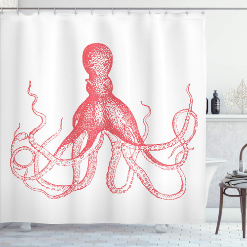 WZSY Octopus Shower Curtain, Monochrome Marine Animal Tentacles in Sketch Subaquatic Life Artwork, Cloth Fabric Bathroom Decor Set with Hooks, 84"" Long Extra, Dark Coral