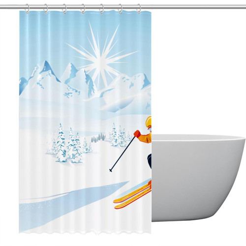 Polyester Fabric Waterproof Shower Curtain or Liner Bath Stall Size Illustration Skier in High Mountains Hotel Bathroom Curtains with Grommets, 36x72