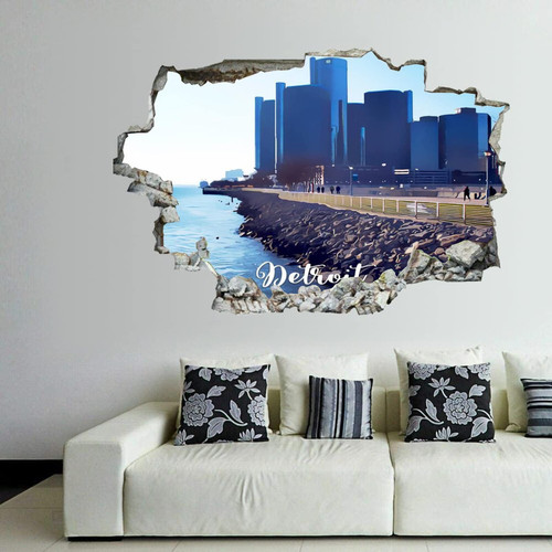 COCOKEN Detroit City Skyline Landscape 3D Broken Wall Stickers American Michigan Detroit 24 X 16 Inch Removable Wall Decal, Peel and Stick Landscape Wall Decor for Bedroom Living Room, Mural Art