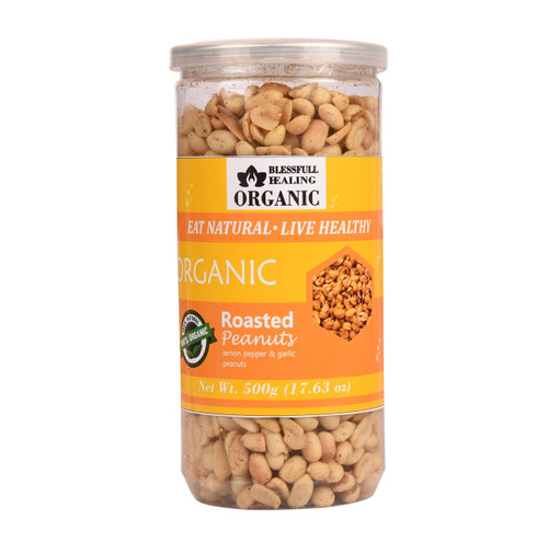 Blessfull Healing Organic Natural, Vegan Lemon Pepper & Garlic Roasted Peanuts Crunchy Healthy Snacks 500 Gram