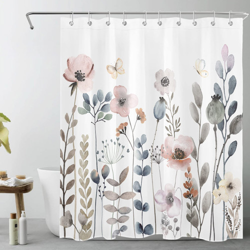 SCECALA Boho Flower Shower Curtain White Grey Green Floral Fabric Shower Curtains Watercolor Plant Farmhouse Bathroom Decor with Hooks, 60x70 Inch Polyester Fabric Easy to Care Bathtub Curtain