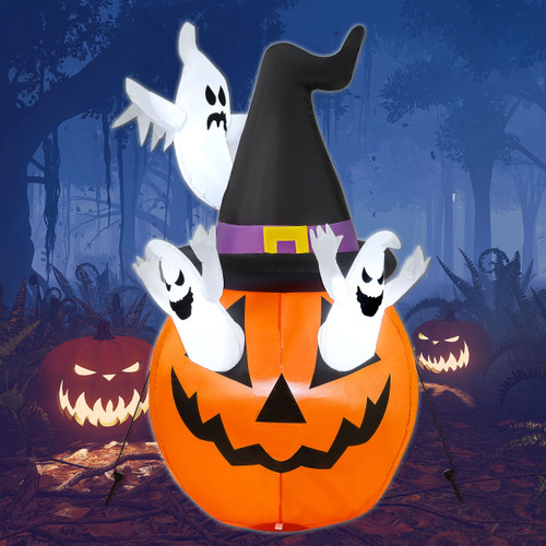 SUNGIFT Halloween Inflatable Pumpkin, 5FT Halloween Blow Up Decoration White Ghost Inflatables with Build-in LEDs for Party, Yard, Lawn, Garden, Holiday Decor