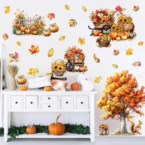 Maple Tree Wall Stickers Fall Wall Atickers Autumn Fall Leaves Wall Decals Peel and Stick Yellow Tree Leaf Wall Stickers Sunflower Pumpkin Maple Tree Wall Decals for Living Room Bedroom