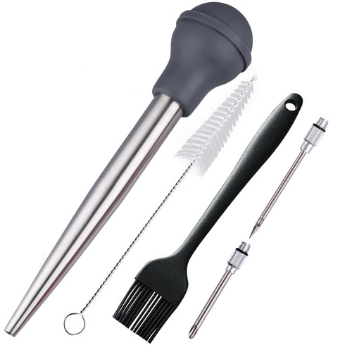 zoyizi Turkey Baster Set 5, Baster Syringe for Cooking, Stainless Steel Baster with Marinade Injector Neddles &BBQ Brush & Cleaning Brush, Silicone Bulb, Stainless Steel Turkey Baster, Color Grey zoyizi Turkey Baster Set 5, Baster Syringe for Cooking, Stainless Steel Baster with Marinade Injector Neddles &BBQ Brush & Cleaning Brush, Silicone Bulb, Stainless Steel Turkey Baster, Color Grey
