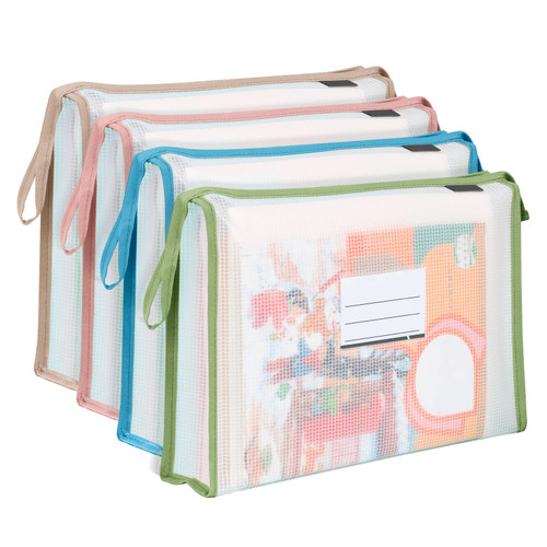 4 Pack A4 Plastic File Folder Poly Envelopes Expanding File Wallet Document Folders with Zipper and Label Pocket, A4 File Pouch Plastic Wallet Folders for Home, Office, School (4 Colors)