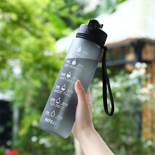 32OZ Motivational Water Bottle with Time Marker, Carry Strap ?BPA Free Leakproof Tritan Water Jug (Black)