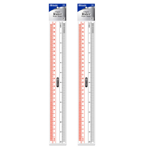 BAZIC Plastic Clear Ruler 12" (30cm), Inches Centimeter Metric Measuring Drafting Rulers, for Students School Supplies, 2-Pack
