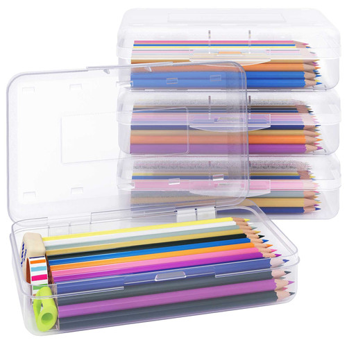 Denkee 4 Pack Pencil Box, Plastic Large Capacity Pencil Boxes for Teens, Hard Pencil Case, Office Supply Crayon Box Storage with Snap-Tight Lid, Stackable Office Supplies Storage Organizer Box