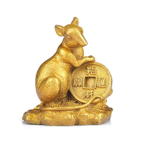 Feng Shui Chinese Zodiac Rat Figurine Golden Brass Statue Collectible Home Office Table Decor Gifts --Addune (Rat)