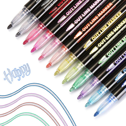 TaKicola Super Squiggles Outline Markers Set, Double Line Shimmer Markers, Self-Outline Metallic Markers Glitter Writing Drawing Doodle Marker (12 Color Pens)
