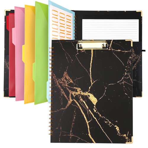 DHQH Clipboards with Storage Clipboards Folio with 10 Pockets and Refillable Lined Notepad for Paper Size 8.5" x 11",Spiral Clipboard Folder Labels with Pen File Folder Labels Loop for School Office