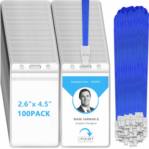 100 Packs ID Badge Holder with Lanyard, Vertical Clear Plastic ID Holder with Waterproof Resealable Zip, Name Tag Holder for Office, School, Conference