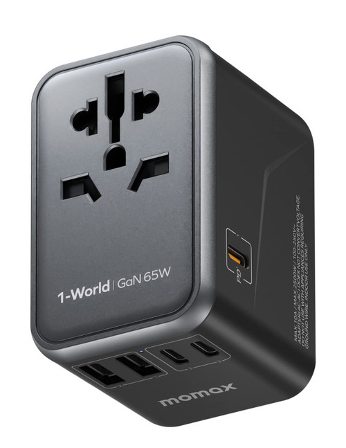 MOMAX Universal Travel Adapter, 65W GaN Travel Plug Adapter with UK,EU,AU,US Plugs, 3USB-C PD & 2USB-A QC Worldwide International Adapter Charger, International Converter for Laptops Tablets Phones