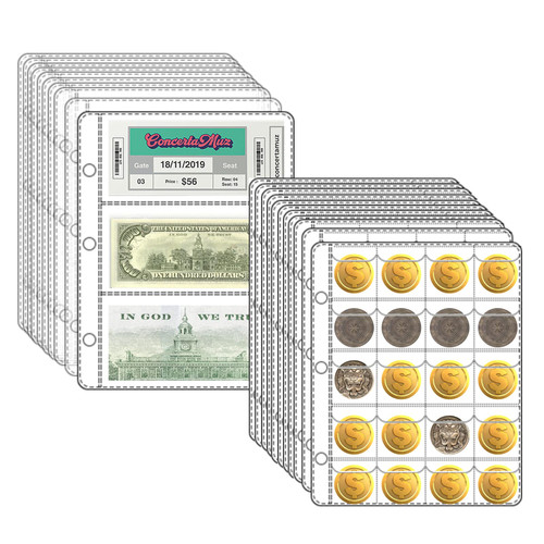 15 Sheets 3-Pocket Binder Currency Sleeves for Bill Binder & 15 Sheets 20-Pocket Coin Pages for Collectors, PVC and Acid Free Clear Plastic Currency Pages for 3 Ring Binder