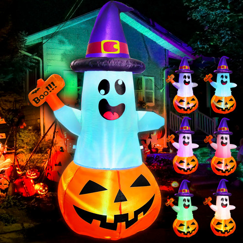 fotako 5FT Halloween Inflatables Decorations Outdoor Pumpkin Ghost with Multi-Color Flashing Build-in LED Blow Up Yard Decor Inflatables Clearance for Halloween Party Indoor Outdoor Yard Garden Lawn