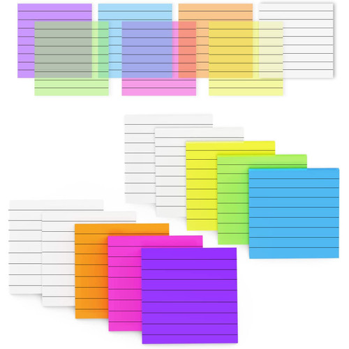 MIUTME Lined Sticky Notes Transparent, 7 Colors Bright Self Sticky Notes Clear Pad, Waterproof Translucent Memo with Line (3X3 inch, 500Pcs)